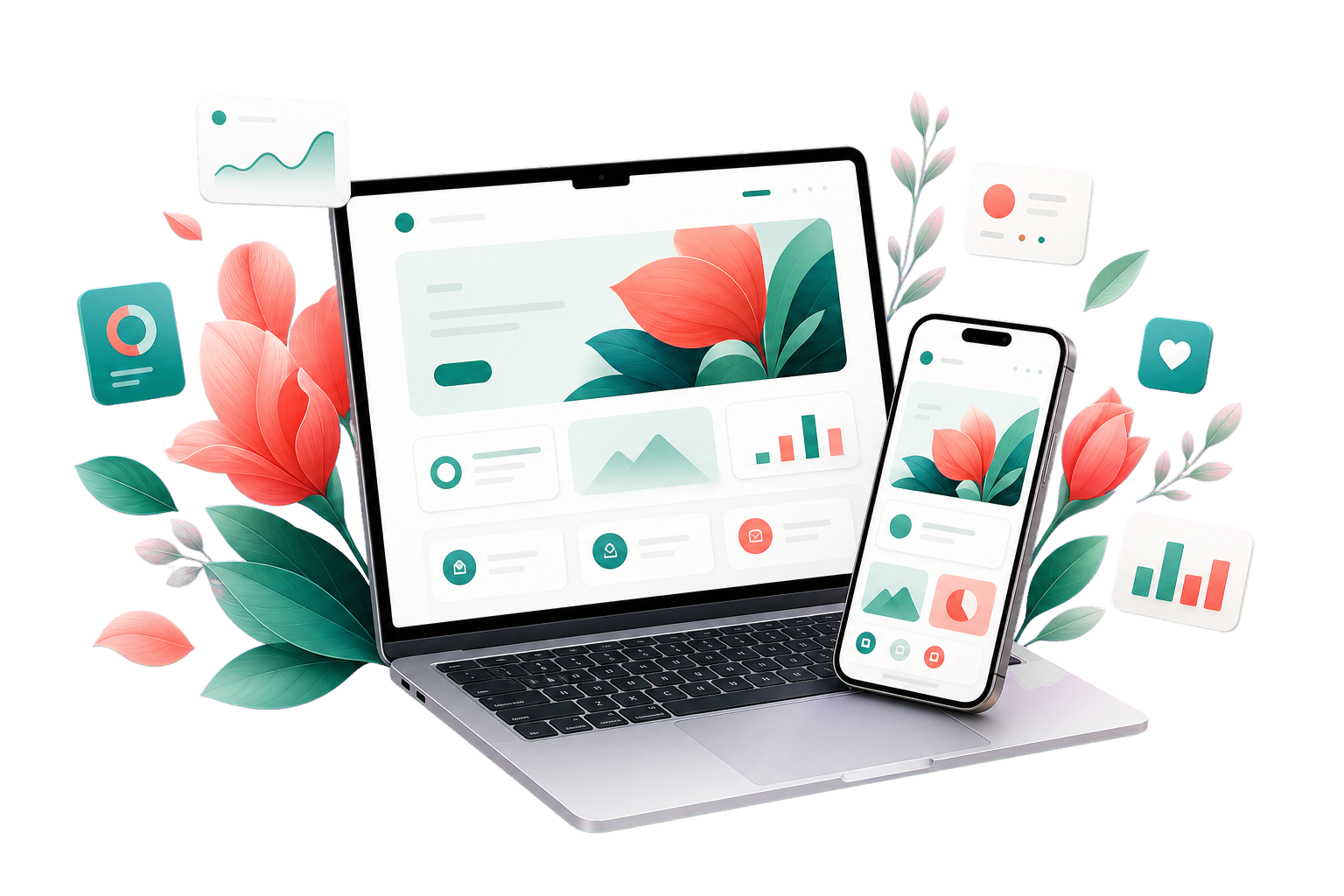A small-business website blooming across a laptop and phone