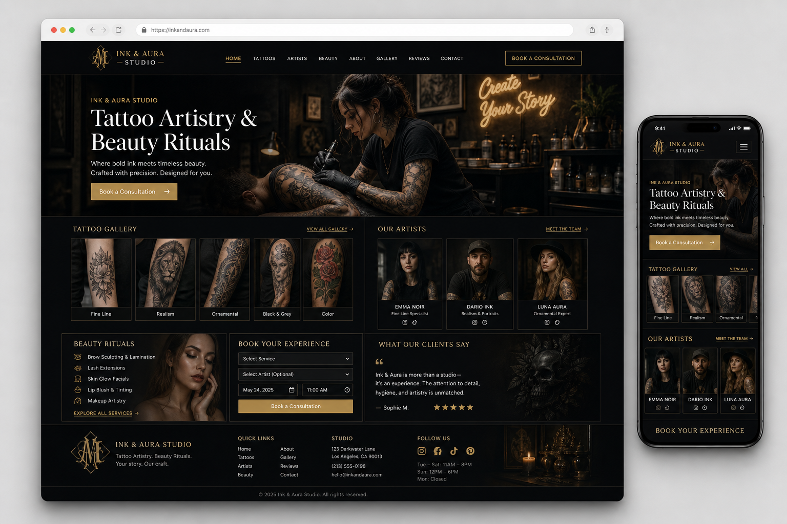 Example Tattoo & beauty studio website built by Sitebloom